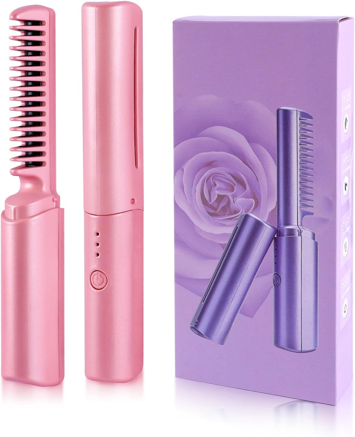 Mini Plancha De Pelo Recargable 2en1 Cepillo y Rizador Rosa